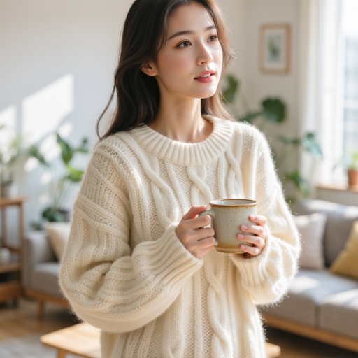 中年女性头像，穿着浅色毛衣，面带微笑，背景为温馨的室内环境